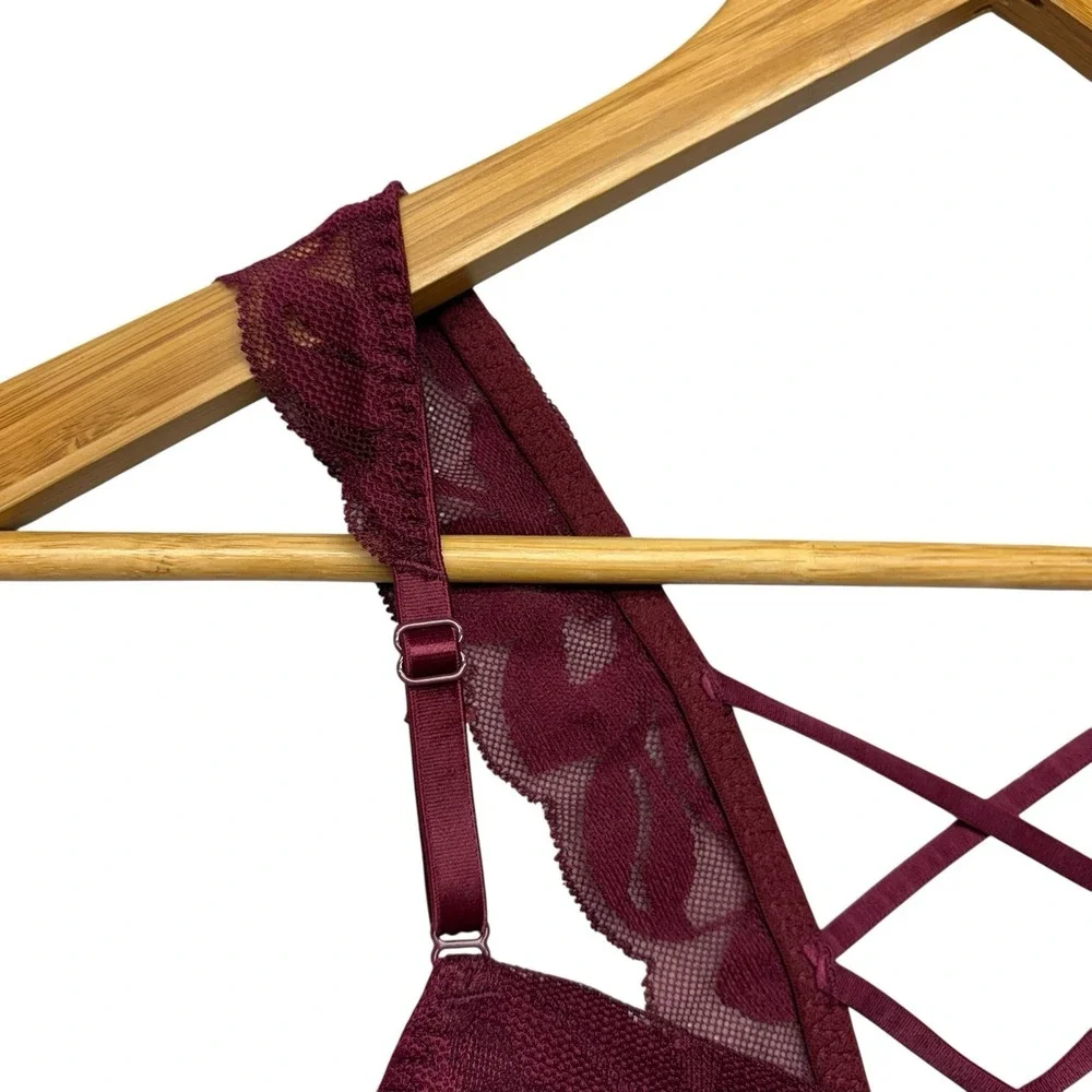 Victoria Secret PINK Bra Small Burgundy Push Up Lace Floral Fairy Whimsical